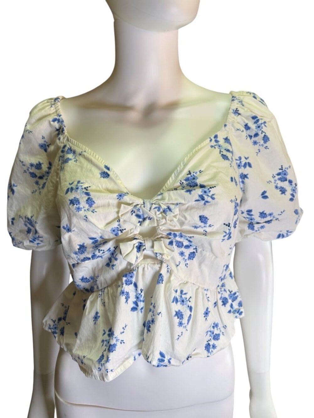 Band Of The Free LA Womens Peplum Top Blue Floral Print Cotton Bow Detail Size L
